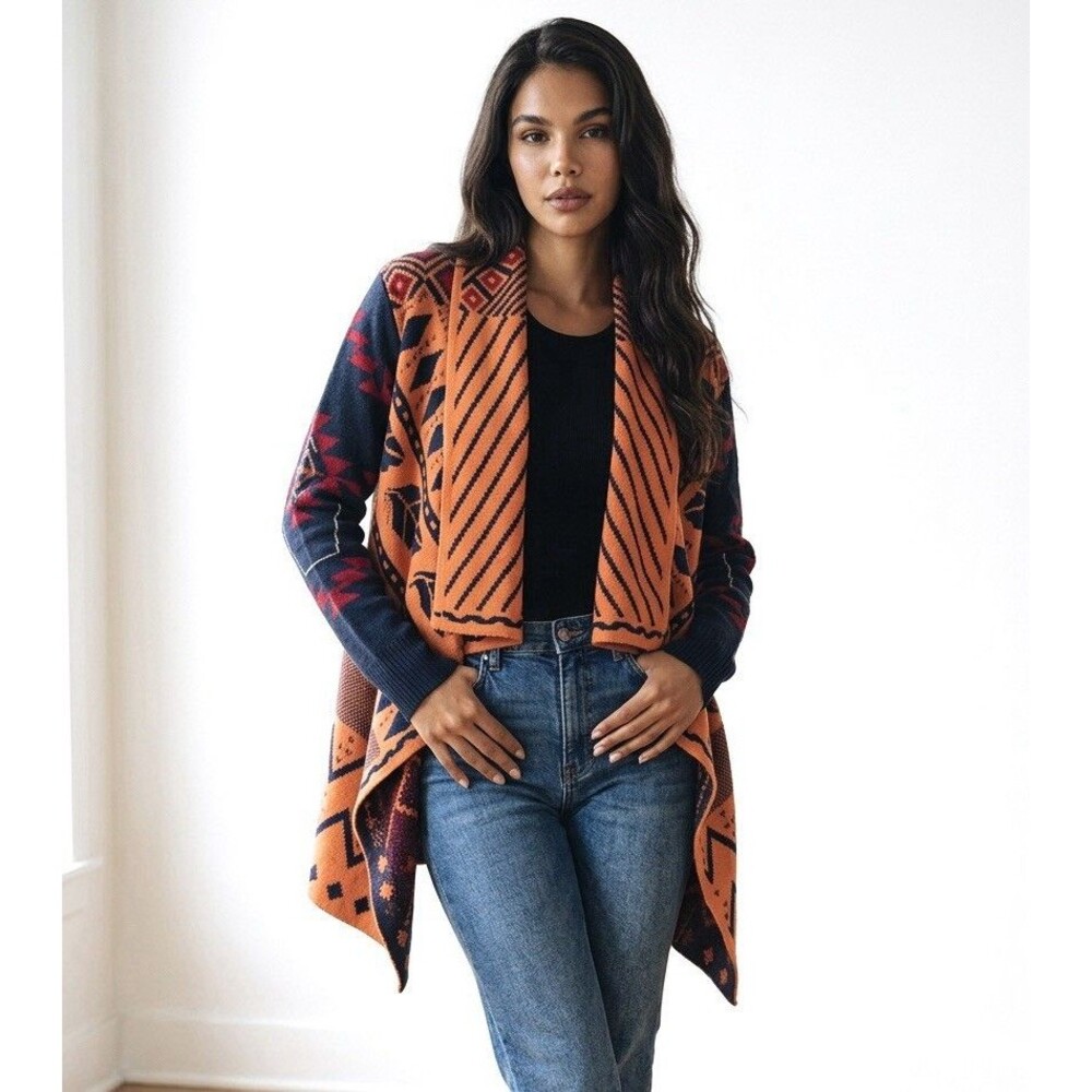 VERTY Tribal Print Open Front Cardigan Sweater Hi-Low Fall Orange Black Size M/L